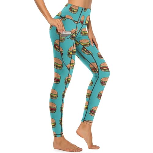 Legging imprimé vert hamburger pour femme avec poches et taille haute