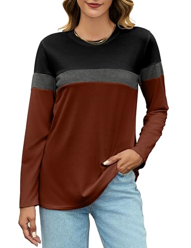 Teepie Long Sleeve Shirts for Women Color Block T-Shirt Dressy Casual Round Neck Lightweight Tops Loose Fit Soft Blouses Black-Gray-Red L