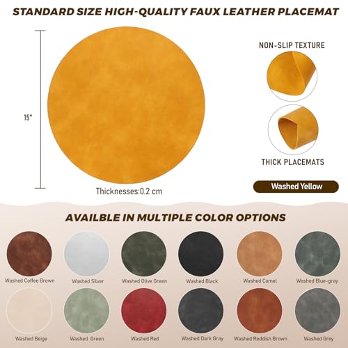 Image of UnivoColors Placemats Round Faux Leather Placemats Set of 8-Waterproof-Wipe Clean-Heat Resistant-Anti Slip Dining Table Place Mats,Suitable for Indoor & Outdoor Use,15 inch.Retro Yellow