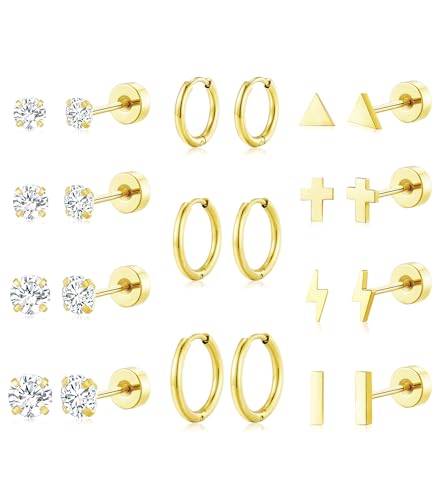 adoyi Gold Hoop Earrings Set for Women Hypoallergenic Stainless Steel Earrings for Sensitive Ears 14K Gold Plated Flat Back Studs Cartilage Earring for Women Lightweight Jewelry Gifts