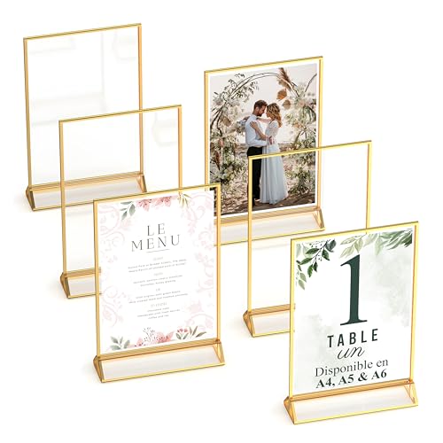 Dasher Products Cadres Photos Dorés Double Face - Pack de 6 - Porte-numéros de table dorés en acrylique, chevalets de table transparents pour affiche, porte-menus, cadres photos (A6)