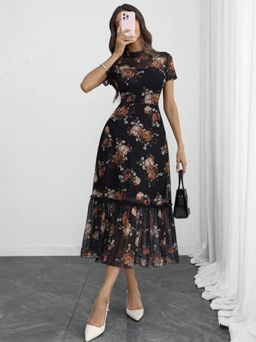 Image of GothDark Women's Summer Floral Mesh Ruffle Dress Short Sleeve Round Neck Waist Cinched Casual Maxi Wedding Guest Dresses