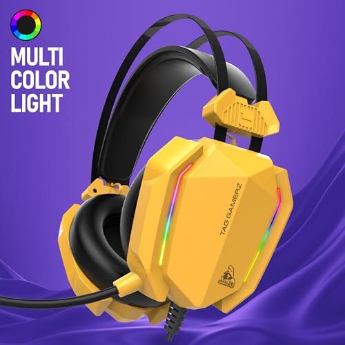 Image of TAG Gamerz Titan RGB Yellow Over-Ear Gaming Wired Headphone | Soft Ear Cups | 50mm Neodymium Driver | 3.5mm Audio | 2m Cable | Flexible Mic for Calling | Suspension Headband | 3.5mm + USB Connector
