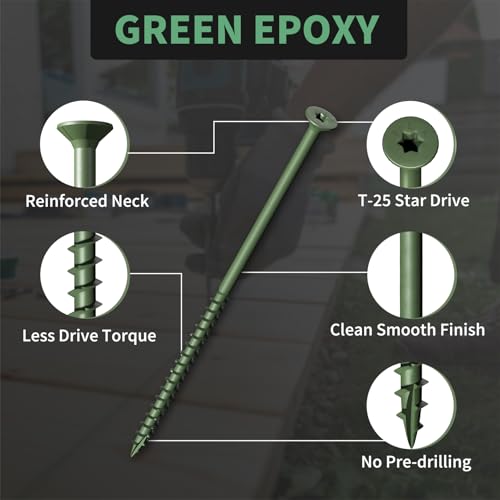 Image of Wood Screws 5 Inch, FIXLINK Deck Screws #10 x 5, 50 PCS, Epoxy Coated, T25 Star Bit Above 1500 Hour Salt Spray Coating Outdoor Decking Screws Excellent Rust Resistant for Wood Fence, Green