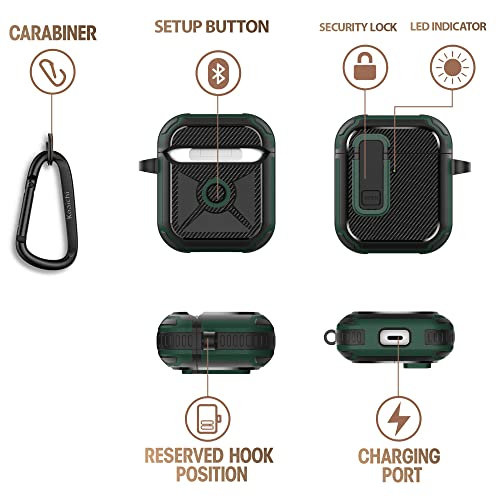 Koaichi For Airpods 2Nd/1St Generation Case, Full-Body Ultra-Hard Shell Protective Cover With Lock, Powerful Drop Protection, Well Built Case Designed For Airpods 2/1, Black/Green #TOP4