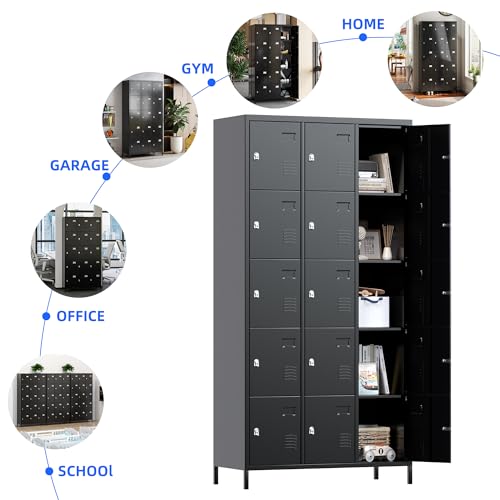 Image of METAN Metal Locker for School Office Gym Bedroom, 15 Doors Black Steel Storage Locker Cabinet for Employees, Industrial Storage Locker, Assembly Required (15 Door-Black)