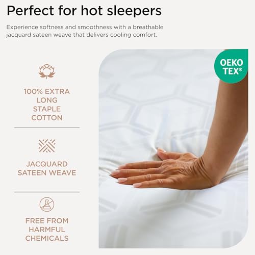 Image of Threadmill 100% Cotton Sheets for Full Size Bed - 600 Thread Count Full Bed Sheets Set with 16 inch Deep Pocket - Jacquard Sateen Weave 4-Piece Bedding Set with Cooling Effect, White
