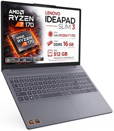 Lenovo Notebook Ryzen 7 170,8 Core 15,3" WUXGA FHD+, Gar. Italia, 1,59Kg | Ram DDR5 16GB, SSD PCIe NVMe 512GB, Display IPS, Wi-Fi 6, Tastiera qwerty retroilluminata, Include alimentatore, Ready To Use