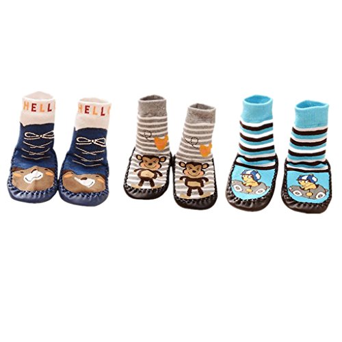 AMDUDU 3 Pares de Calcetines de Algodón Calcetines para Bebé Niños Niñas,Zapatillas antideslizantes para niños Zapatillas de deporte (6-18 meses)