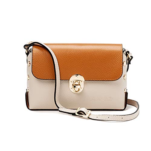 Ira del Valle, Bolso Bandolera de Mujer, Pochette Chica Moda con Correa para Hombro, Pequeño Bolso de Mano con Tachas, Clutch de Piel Auténtica, Modelo Hollywood, Made in Italy (Leche y Cuero)