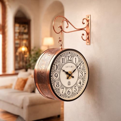 Image of Handcrafted Double Side Metal Analog Vintage Wall Clock | 1.5 Year Machine Warranty | 12 INCHES | 1 Side Number 1 Side Roman,Color Copper Finish