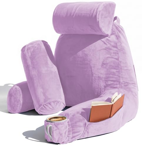 Image of Nestl Reading Pillow with Shredded Memory Foam Includes 2 Neck and Lumber Support Pillows, Designed for Sitting Up in Bed and Couch, Back and Arms Adjustable Support for Adult & Teens, Lavender