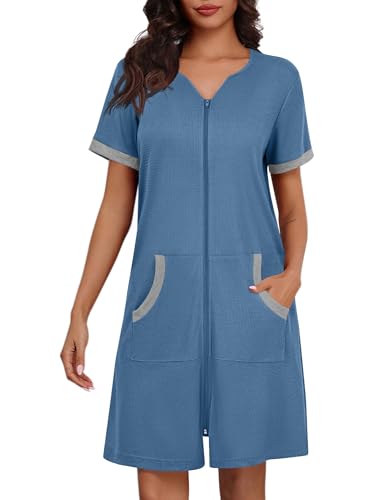 Peignoir à manches courtes et fermeture éclair Ekouaer léger bleu marine taille S pour femme