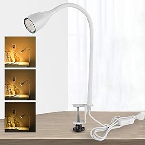 Bojim Lampe de Bureau LED à Pince Blanc, Inclus 6W GU10 Ampoule Dimmable Blanc Chaud 2800K, 3 Niveaux de Luminosité, Lampe de Lecture Flexible pour Eclairage Quotidien et Décoration