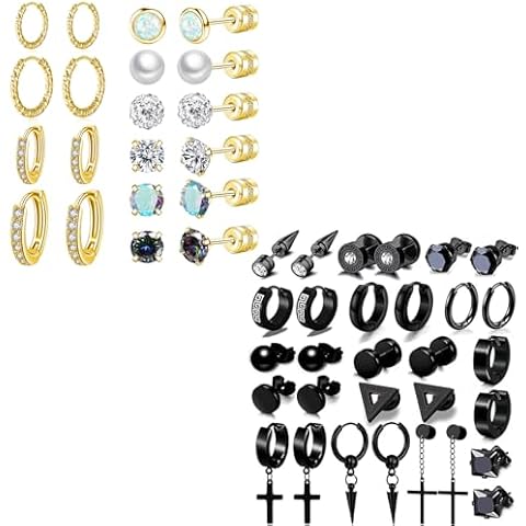 25 Pairs Earrings for Men, Black and Gold Stainless Steel Earrings Stud Kit for Men Women Fashion Piercing Jewelry Cross Dangle Hoop Earrings Set Cover