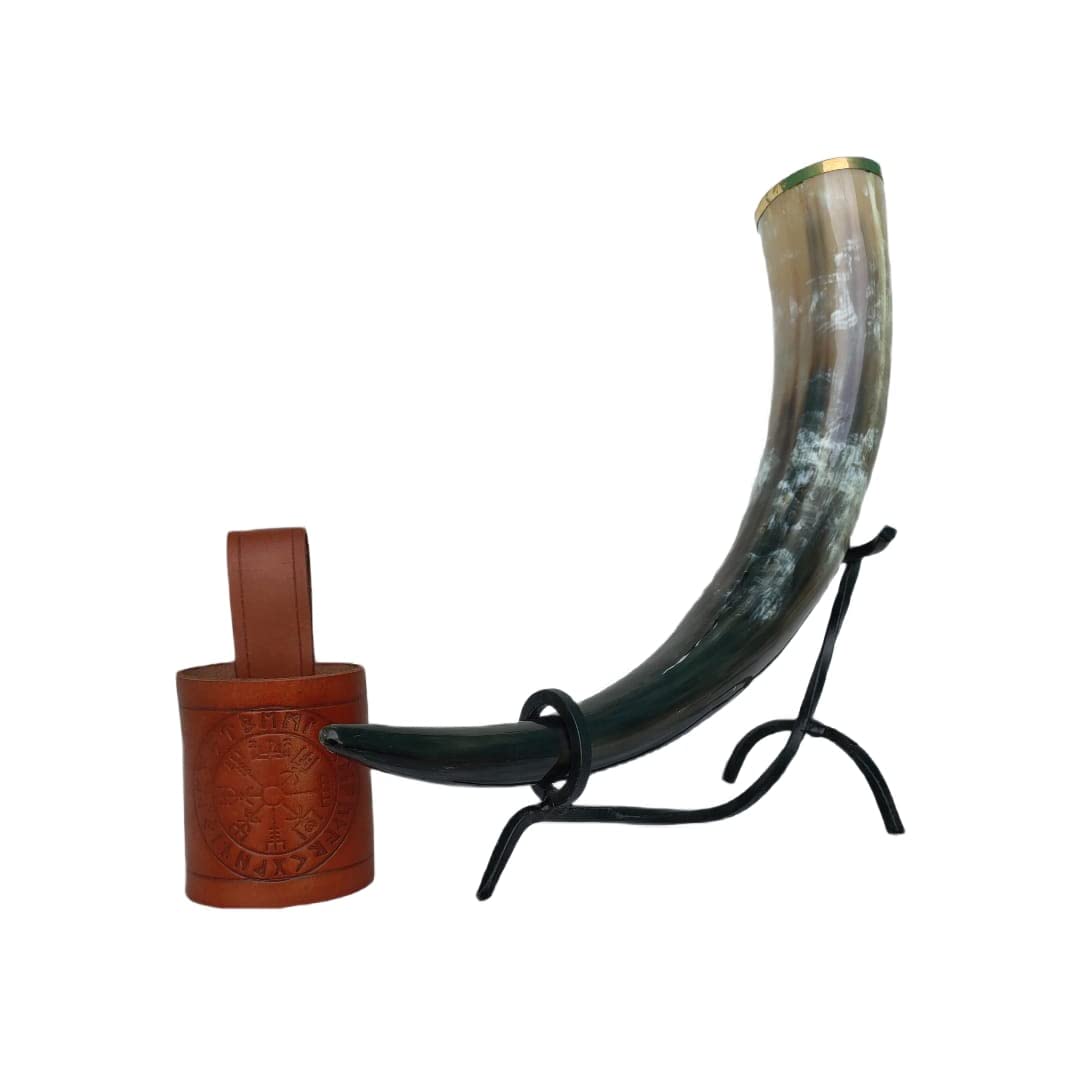 The Viking Genuine Viking Drinking Horn with Iron Stand, Authentic Medieval Beer Drinking Horn (16 oz)