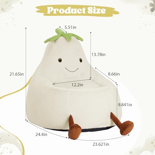 Image of 24 Inches Memory Foam Bean Bag Chair - Ultra Soft Faux Rabbit Fur Round Sofa with Handle & Machine Washable Cover, Eggplant-Shaped Kids Reading Chair for Bedroom, Living Room and Playroom, Beige