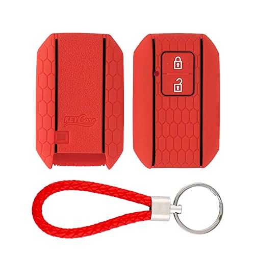 Image of Keycare Silicone Key Cover and Keychain Compatible for Glanza, Urban Cruiser Taisor, Rumion, Urban Cruiser Hyryder 2 Button Smart Key (KCMini Red Keyring)