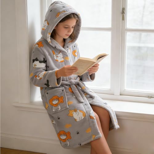 Image of Kids Bathrobe Hooded Plush Fleece Robe for Girls Boys