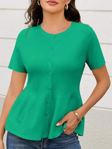 Image of Saodimallsu Womens Short Sleeve Cardigans Ruffle Button Down Crew Neck Peplum Babydoll Knit Sweater Tops