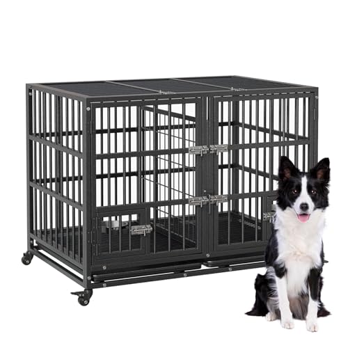 42 Inch Heavy Duty Dog Crate with Divider,All Metal Open Top,Dog Cage with 360°Lockable Wheels,Dog Kennel with 2 Door and Feeding Bowls,Easy to Assembly,Indoor & Outdoor Dog Crate for L XL XXL Dogs