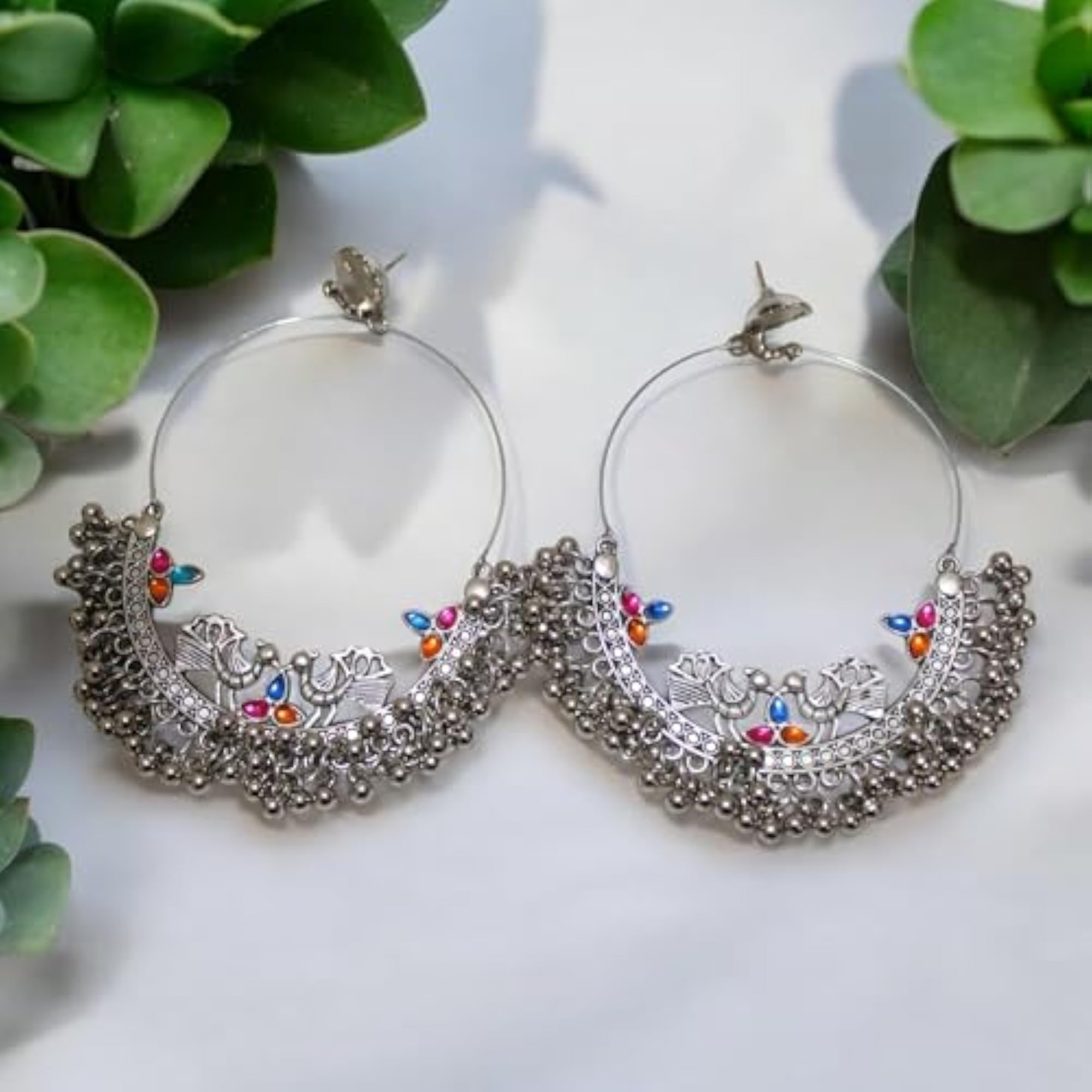 Women's Traditional Multicolour Oxidised Round Earrings