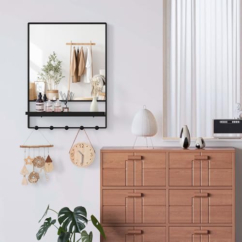 WONSTART Espejo de Pared con Estante y Ganchos, Espejo de tocador con Gancho, 21 x 28 Pulgadas con Marco de Metal, Espejo Decorativo para baño, Entrada, Dormitorio, Sala de Estar (Negro, 21 x 28) - imagen 3
