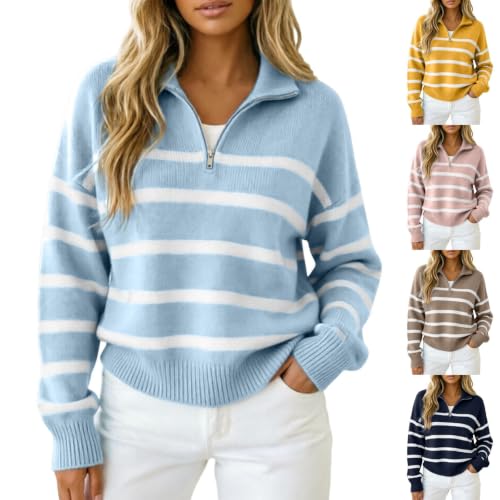 TRCELECTROP Striped Sweater Women Fall Collared Long Sleeve Loose Fit Half Zip Pullover Top Casual Winter Warm Knit Sweaters Blue - image 1