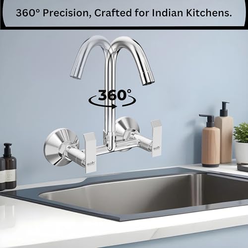 Image of Gloxy Premium Brass 2 in 1 Wall Mounted Sink Mixer with 360 Swivel Spout - Jet+ Lever Kitchen Sink Mixer with Chrome Finish - Hot & Cold Water Mixer for Bathroom & Kitchen Sink - 10 Years Warranty