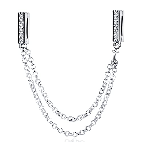 KUNSIR 925 Sterling Silver Clip-On Charm for Reflexions Mesh Bracelet Charm Bead fits Flat charm Bracelets Gift for Women（Double safety chain）
