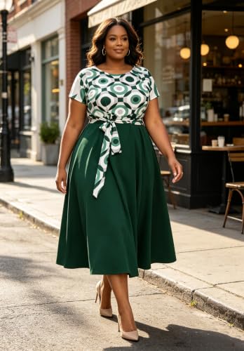Image of Hostoyo Women Plus Size Formal A Line Maxi Dress Self Tie Waist with Pockets Elegant Round Neck Swing Long Dresses