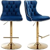 Swivel Counter Height Bar Stools Set of 2, Navy Kitchen Island Barstools, Velvet Adjustable Bar Height Stool Chairs, Tufted Back, Gold Metal Base, Sillas para Barra de Cocina (Blue, Velvet, 2 Pcs)