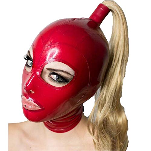 Cagoule en latex de haute qualité et perruque dorée avec zip dorsal pour fétichistes