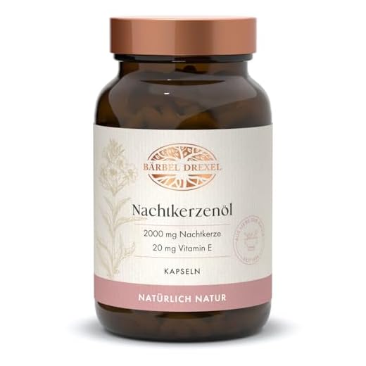 Nachtkerzenöl Kapseln Vegan 2000 mg pro Tagesdosis (120 Stk) 100% Natur Herstellung in Deutschland, Trockene Haut, Hautpflege von innen, Vitamin E Gamma-Linolensäure GLA Kaltgepresst BÄRBEL DREXEL®