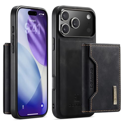 DG.MING 2-in-1 magnetische afneembare lederen portemonnee hoesje voor iPhone 17 Pro Max, 8 kaartsleuven, kickstand, schokbestendig TPU en premium lederen telefoonhoesje (zwart)