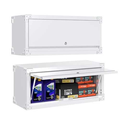 SUPEER Hängeschrank Metall Werkzeugschrank mit Klapptür,Abschließbar Wandhängeschrank aus Edelstahl,Garage Werkstatt Küche H38.6×W80×D30cm,weiß