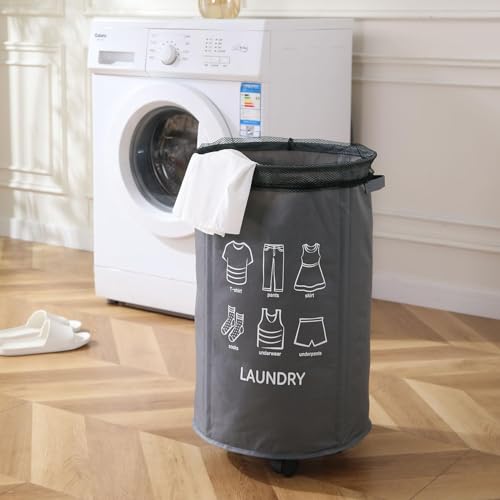 Image of HOKIPO Laundry Basket Foldable Hamper With Wheels, Grey (NEW2-AR-5322-GRY)