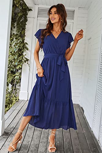 Prettygarden Women's 2023 Floral Summer Dress Wrap V Neck Short Sleeve Belted Ruffle Hem A-Line Bohemian Maxi Dresses (Solid Blue,Xx-Large) #TOP4