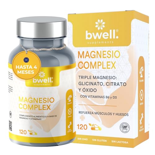 Triple Magnesio Complex Citrato Glicinato y Oxido con Vitaminas d3 b6 Alta Biodisponibilidad – 120 Capsulas - Reduce Cansancio y Fatiga + Alivia Dolor Articulaciones y Músculos | BWELL SUPPLEMENTS
