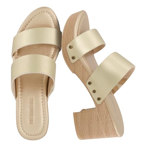 Image of CUSHIONAIRE Sky Platform Sandals for Women, Faux Wood Block Heel Slide with Comfort Foam Footbed and Vegan Leather Straps, Wide Width Available