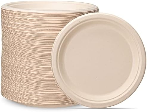 100% Compostable 9 Inch Heavy-Duty Paper Plates [250 Pack] Eco-Friendly Disposable Sugarcane Plates - Brown Unbleached