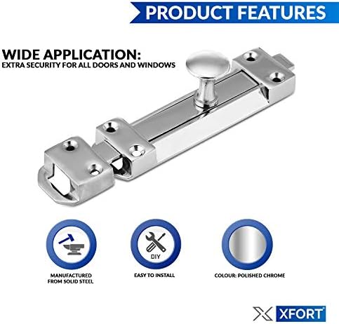 XFORT® 2 Pack Polished Chrome Door Bolt, Surface Mounted Sliding Door Lock, Durable Door Lock Bolts Ideal for Securing Internal Doors for Bedrooms, Bathrooms, Cupboards and Storage Units (100mm)