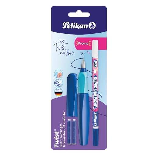 Pelikan Twist in Colori Assortiti, Penna Stilografica Ergonomica, per Destrimani e Mancini, per Scuola e Ufficio, Pennino M in Acciaio Inossidabile, 2 Cartucce Blu e Cancellino Inclusi. Ricaricabile