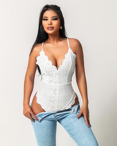 Image of Avidlove Sexy Lingerie for Women Deep V Teddy Sheer Lace Bodysuit Snap Crotch One Piece Babydoll