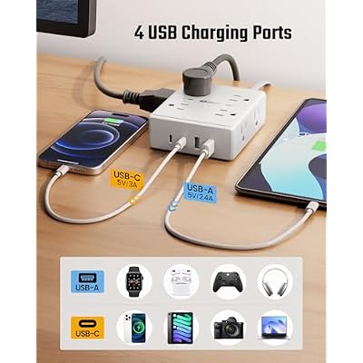 10Ft Extension Cord with Multiple Outlets, Flat Plug Surge Protector Power Strip 10 Ft Long Cord, 8 Outlets & 4 USB Ports (2 USB C), Desk Charging Station for Home Office, College Dorm Room Essentials
