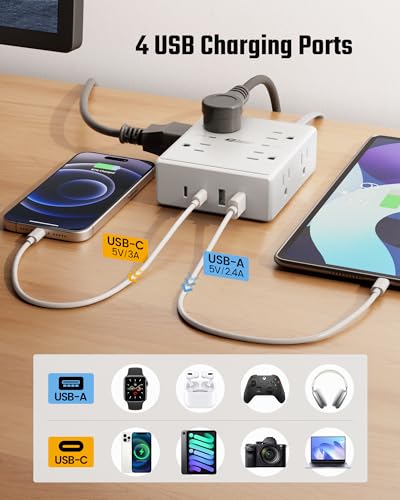 undefined 10Ft Extension Cord with Multiple Outlets, Flat Plug Surge Protector Power Strip 10 Ft Long Cord, 8 Outlets & 4 USB Ports (2 USB C), Desk Charging Station for Home Office, College Dorm Room Essentials の商品画像 4