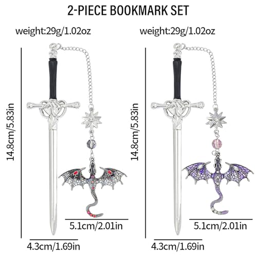 UJBVCX 2 Stück Drache Schwert Lesezeichen, Lesezeichen Metall, Fantasy Lesezeichen, Einzigartiges Geschenk für Frauen Männer