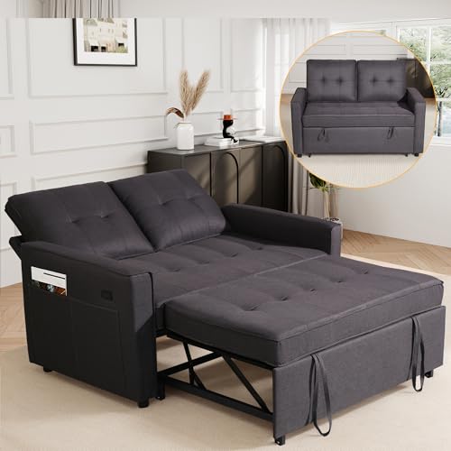 EJUNQ 53" Sofa Bed, Modern Teddy Fabric Sleeper Sofa, Pull Out Couch & Loveseat with USB Ports & Side Storage Pockets for Living Room (Dark Gray)