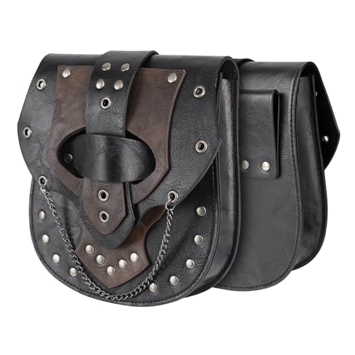 Image of HiiFeuer Steampunk Studded Waist Pack Bag with Belt, Vintage Punk Belt Pouch Portable Fanny Purses for Ren Faire Cosplay (Black A)