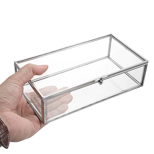 Tolida Grande boîte à bijoux rectangulaire vintage avec couvercle en verre – Présentoir de table pour bagues, bracelets, colliers (argenté) – vue 5